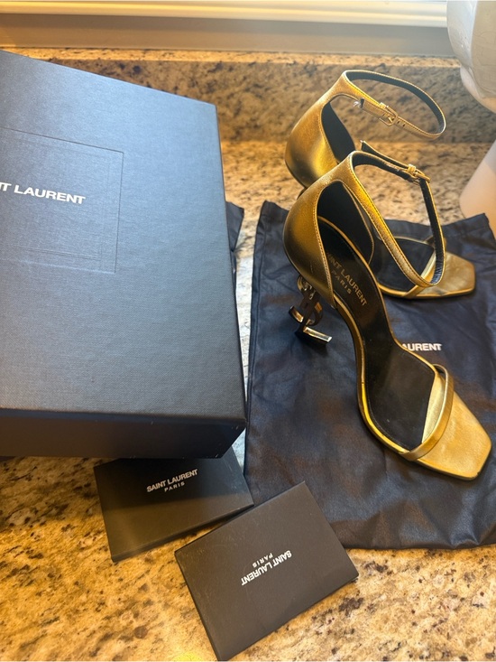 Saint Laurent Shoes - Saint Laurent Gold Leather Ankle-Strap Heels with YSL Sculpted Heel